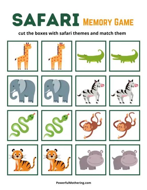 A fun Safari Memory Game to help children with developmental skills   safari animal color pages to continue the theme. Jungle Activities, Safari Crafts, Animal Matching Game, Safari Game, Safari Activities, Zoo Activities, Jungle Decorations, Dear Zoo, Summer Camp Activities