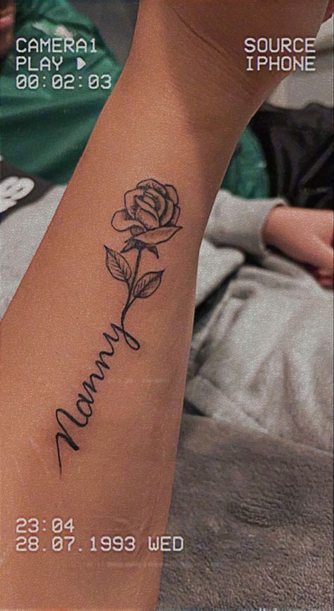 My nan died a couples months ago, her name was Rose and i always wanted her with me. I designed and come up with this idea my self. I wanted to share this to inspire others x Tattoo Idea To Get For Your Mom, Tattoo Ideas For Nanny, Rose Mum Tattoo, Name Remembrance Tattoos, Nan Remembrance Tattoos, Names With Roses Tattoos, Name Tattoos Memorial, Sister Name Tattoo Ideas, Tattoo Ideas Female With Names