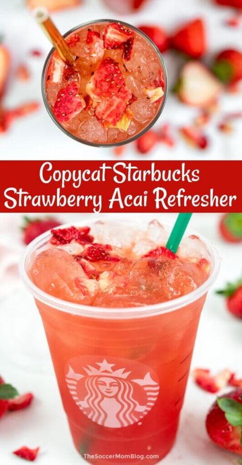 Starbucks Strawberry Refresher, Starbucks Strawberry Acai, Starbucks Strawberry Acai Refresher, Acai Berry Powder, Strawberry Acai Refresher, Starbucks Strawberry, Drink At Home, Strawberry Acai, Copycat Starbucks