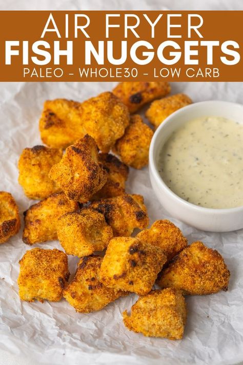 Use this Air Fryer Fish Nuggets recipe to make flakey and delicious fried fish in your air fryer. These nuggets are made with simple and healthy Whole30 friendly ingredients. Grouper Nuggets Recipe, Catfish Nuggets Air Fryer, Air Fryer Catfish Nuggets, Nuggets In Air Fryer, Air Fryer Catfish, Nuggets Air Fryer, Catfish Nuggets, Fish Nuggets, Air Fried Fish