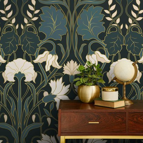 Green Floral Art Nouveau Wallpaper Peel and Stick and Traditional Wallpaper C281 - Etsy Nouveau Wallpaper, Art Nouveau Wallpaper, Floral Art Nouveau, Thick Wallpaper, Feature Wallpaper, Commercial Wallpaper, Expandable Dining Table, Wallpaper Peel And Stick, The Editor