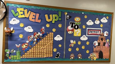 Super Mario Bulletin Board made of paper and printouts Space Invaders Bulletin Board, Mario Brothers Bulletin Board Ideas, Super Mario Classroom Decorations, Super Mario Bros Bulletin Board, Level Up Bulletin Board, Super Mario School Theme, Super Mario Bulletin Board Ideas, Mario Bros Bulletin Board, Mario Brothers Bulletin Board