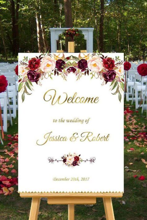 Incorporate a bit more navy blue font? Place just outside reception area Maroon Wedding, Fall Wedding Bouquets, Wedding Welcome Sign, Wedding Welcome Signs, Burgundy Wedding, Wedding Deco, Wedding Welcome, Wedding Themes, Gorgeous Wedding