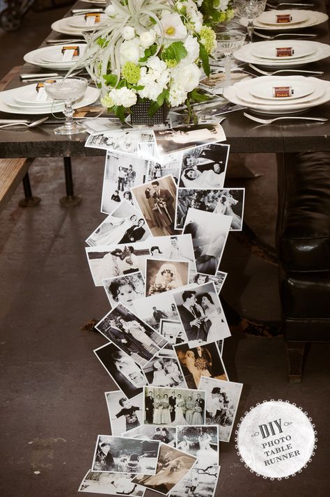 A pretty idea...would be great for a milestone wedding anniversary party. Would like to see the runner end at the table's edge, and not touch the floor though. This is could also be suspended floor to ceiling for a lovely photo installation / photo taking backdrop. Photo Table Runner, Diy Table Runner Wedding, Diy Para A Casa, Photo Table, Diy Wedding Table, Table Runner Diy, Halloween Fest, Table Runners Wedding, 50th Wedding