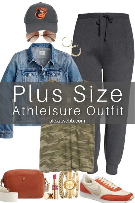 More Plus Size Athleisure - Fall Outfit Idea with a camo t-shirt, joggers, and denim jacket - Alexa Webb Plus Size Joggers Outfit, Errands Outfit Winter, Errands Outfit Spring, Valentines Day Looks, Errands Outfit Summer, Plus Size Athleisure Outfits, Plus Size Athleisure, Black Sneakers Outfit, Chic Athleisure Outfits