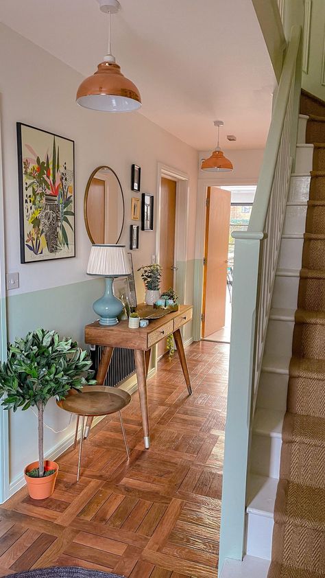 Where To Put Accent Wall In Bedroom, Two Tone Entryway, Bright Hallway Paint Colors, Playful Pops Of Color, Colourful Hallways, Long Hallway Decorating Entry Ways, Muted Maximalism, Home Entrance Ideas Entryway, Hallway Entrance Decor