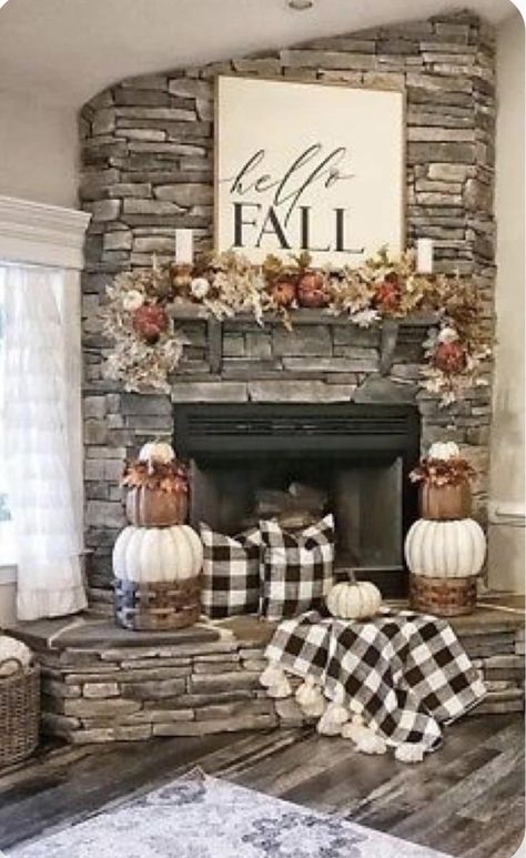 Fall Brick Fireplace Decor, Seasonal Fireplace Decor, Rustic Fall Mantel Decor, Fall Decorated Fireplaces, Fireplace Fall Decorating Ideas Cozy, Diy Fall Fireplace Decor, Autumn Fireplace Decor Ideas, Fall And Christmas Decor Combined, Fall Sideboard Decor