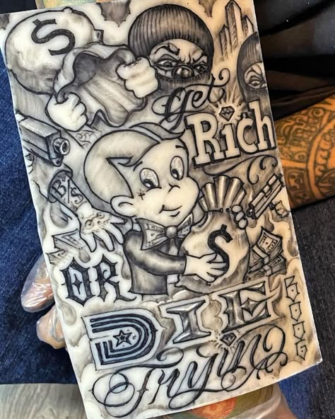 Certified Whiteboy Tattoo, Richy Rich Tattoo, Risk Taker Tattoo Design, Get Rich Or Die Trying Tattoo Design, Richie Rich Tattoo, Die Trying Tattoo, Get Rich Or Die Trying Tattoo, Gangster Tattoo Ideas, Half Sleeve Ideas