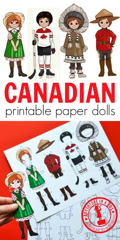 For studying a unit on Canada or celebrating Canada Day with a craft, make these printable Canadian dress-up paper dolls! Four Canadian costumes include Anne of Green Gables, a hockey player, an Inuit, and a Mountie. #homeschool #canadaday #paperdoll #teaching #geography Canada Unit Study, Canada Day Crafts For Kids, Canada Crafts For Kids, Canadian Dress, Canadian Costume, Canada Crafts, Canada For Kids, Canada Day Crafts, Canada Party