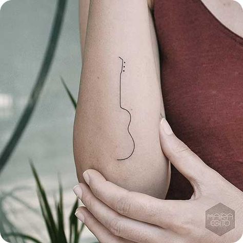 Simplistic Guitar Tattoo, Guitar Outline Tattoo, Musical Tattoos For Guys, Ukulele Tattoo, Guitar Tattoo Ideas, Small Music Tattoos, Piano Tattoo, Acoustic Guitar Tattoo, Guitar Tattoo Design