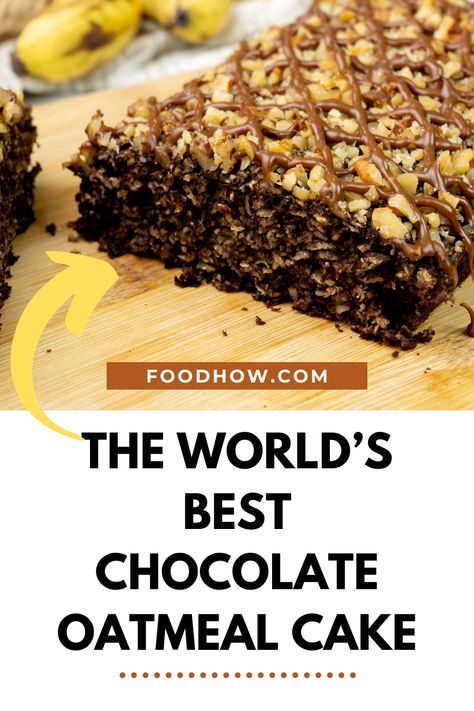 The World’s Best Chocolate Oatmeal Cake. Ready for a delectable, guilt-free treat? Look no further! Introducing our Moist Banana Oatmeal Cake Recipe with a Chocolate Twist – the perfect fusion of rich cocoa, sweet bananas, and hearty oats. It's a taste sensation that strikes a delightful balance between health and indulgence. Get your apron on and prepare to elevate your baking game with this moist, chocolatey masterpiece. Say goodbye to those sweet cravings with a slice of pure heaven Oats Cocoa Banana Dessert, Oatmeal Chocolate Banana Cake, Banana Oatmeal Cake Recipe, Banana Oat Cake Recipe, Banana And Oats Recipes, Oatmeal Chocolate Cake, Banana Oatmeal Cake, Chocolate Oatmeal Cake, Porridge Ideas