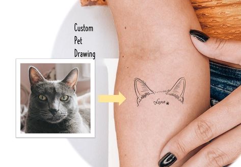 Tattoo Ideas For Cat Owners, Pet Tribute Tattoo Cat, Cat And Dog Ears Tattoo, Tattoos For Cat Owners, Cat Ear Tattoo Simple, Personalized Cat Tattoo, Pet Ear Tattoo, Custom Cat Tattoo, Cat Tribute Tattoo Small