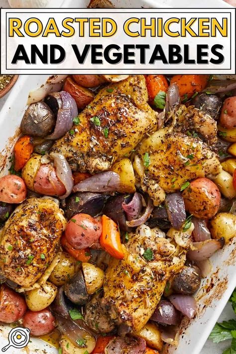 Roasted Chicken and Vegetables Whole 30 Chicken Thigh Recipes, Roast Chicken Breast And Vegetables, Roast Chicken Thigh Recipes, March Recipes, Roasted Chicken And Vegetables, Chicken Thighs In Oven, Oven Roasted Chicken Thighs, Juicy Chicken Thighs, Healthy Chicken Thigh Recipes