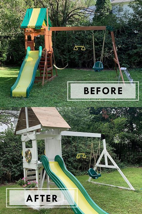 Kids playset makeover #ModernBackyard #KidsPlayset #DIYPlayset #BackyardMakeover Underneath Playset Ideas, Redo Outdoor Playset, Refinishing Playset, Repaint Playset, Playset Makeover Ideas, Wooden Playground Makeover, Wood Playset Makeover, Under Playset Ideas, Small Playground Backyard