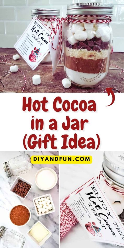 Hot Cocoa in a Jar, a simple and delicious holiday or Christmas gift idea featuring dry ingredients for making the best cocoa drink. Hot Cocoa In A Jar, Cocoa In A Jar, Hot Cocoa Gift Ideas, Hot Cocoa Mix Gift, Diy Chocolate Gift, Hot Chocolate In A Jar, Cocoa Station, Hot Cocoa Party, Goat Milk Recipes