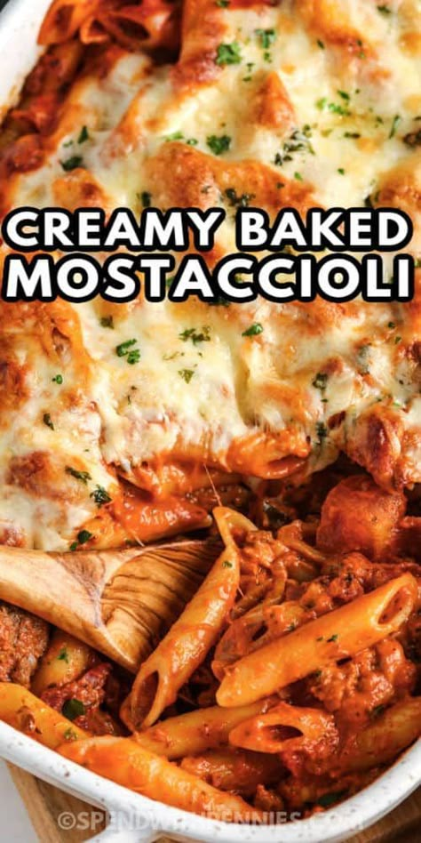 Baked Mostaccioli is an easy dinner idea. This pasta recipe with meat sauce is a favorite. Add cheese to this pasta bake for the perfect easy casserole #spendwithpennies #bakedmostaccioli #entrée #recipe #easy #sauce #Italian #best #oven #pastarecipe Baked Italian Dishes Pasta, Mostaccioli Recipe No Meat, Mostaccioli Recipe With Ricotta, Homemade Mostaccioli Recipe, Pasta Bakes For A Crowd, Best Baked Mostaccioli Recipe, Baked Mastacholli Recipe, Chicken Mostaccioli Recipe, Italian Casseroles Baked