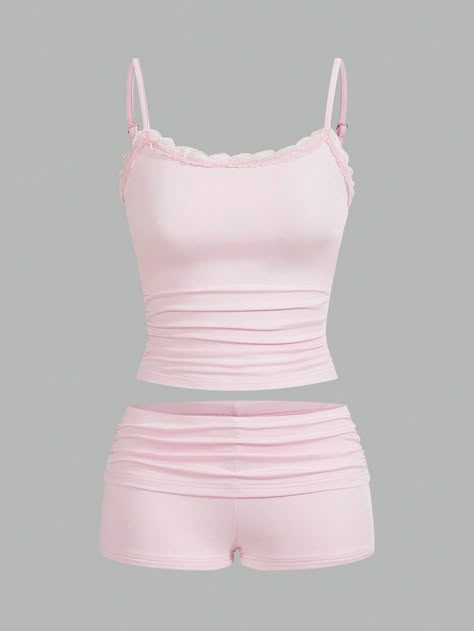 SHEIN EZwear Women's Contrast Lace Summer Casual Cami Top And ShortsI discovered amazing products on SHEIN.com, come check them out! Cute Pink Clothes, Pink Two Piece Outfit, Pink Pyjamas, Pijamas Women, Pink Clothes, Aesthetic Shorts, Rose Bonbon, Pink Set, Pink Fits