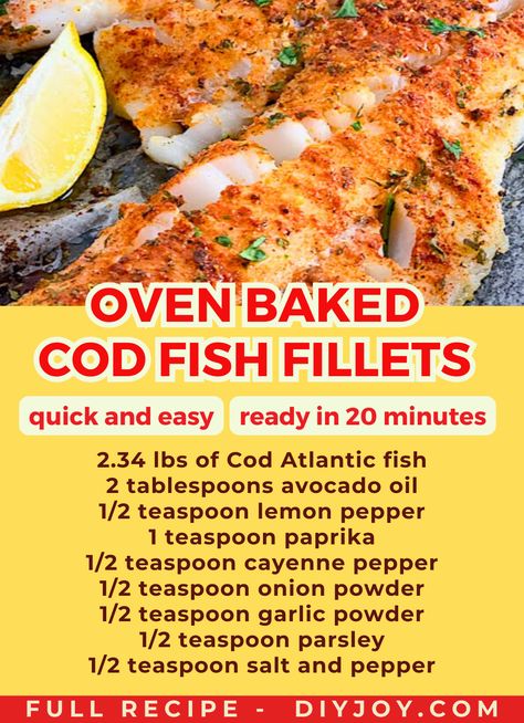 cod fish fillet seasoned with herbs and spices Baked Cod Recipes Oven Easy Healthy, Sway Fish Recipe, Easy Baked Cod Recipes, Bake Fish Recipes Oven, Cod Recipes Oven, Baked Cod Fillets, Cod Fish Recipes Baked, Cod Fillet Recipes, Oven Baked Cod