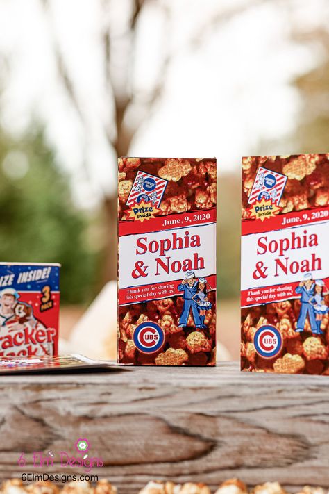 These unique wraps will help set the tone for your baseball wedding, rehearsal party or engagement party! Simply wrap them around an existing box of 1 oz Cracker Jacks and wahlah you now have a custom personalized box of cracker jacks. These are professionally printed on HIGH quality glossy card stock and include peel and stick to adhere them to the boxes, they will not come off once placed on the full boxes. A very simple and easy way to have a personalized favor. These are actual high quality Wedding Baseball Theme, Baseball Wedding Centerpieces, Baseball Wedding Favors, Dodgers Birthday Party, Baseball Birthday Party Favors, Wedding Baseball, Softball Wedding, Baseball Centerpiece, Baseball Table