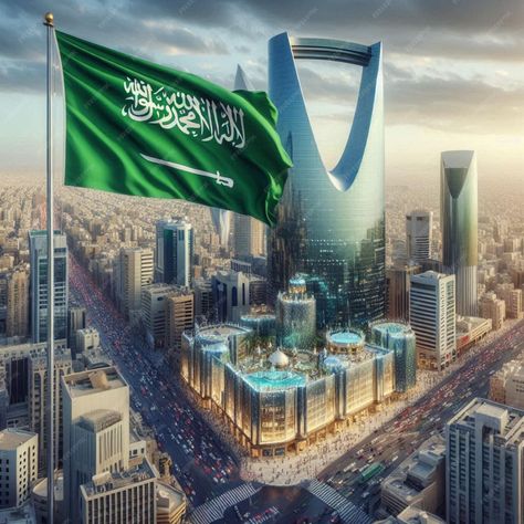 View of Riyadh city with the green flag of Saudi Arabia and towers in the background | Premium AI-generated image Flag Of Saudi Arabia, Riyadh City, Saudi Arabia Flag, Green Flag, Free Business Card Mockup, Business Card Maker, Flyer Maker, Poster Maker, Video Background