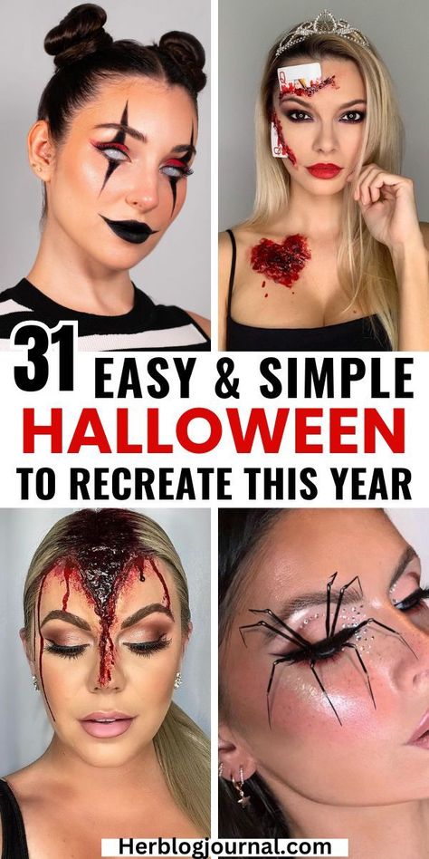 halloween makeup looks and ideas Easy Halloween Scary Makeup, Easy Women Halloween Makeup, Creepy Halloween Face Makeup, Scary Ballerina Makeup, Voodoo Doll Makeup Easy, Halloween Makeup Ideas Women, Creepy Easy Halloween Makeup, Easy Gory Halloween Makeup, Skull Face Halloween Costume