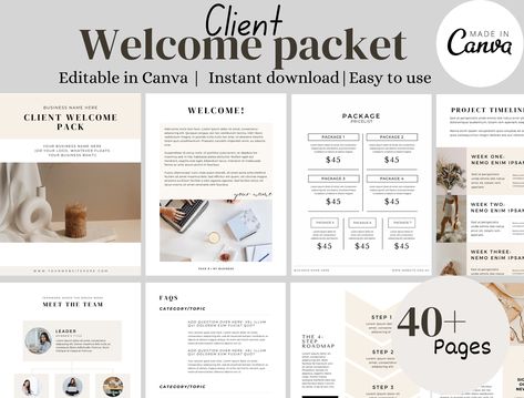 Client Welcome Packet Template ebook| Virtual Assistant Welcome Packet | New Client Welcome Packet | Canva Template | On boarding Template Welcoming your clients with a comprehensive packet containing essential information, guiding them through the service process, highlighting crucial details, and preventing miscommunication. Ideal for various service-based businesses, including virtual assistants, social media managers, coaches, photographers, freelancers, consultants, and interior designers. Info Packet Design, New Development Home, Interior Design Welcome Packet, Welcome Packet Design, New Client Welcome Packet, Onboarding Template, Client Welcome Packet, Binder Templates, Sign In Sheet