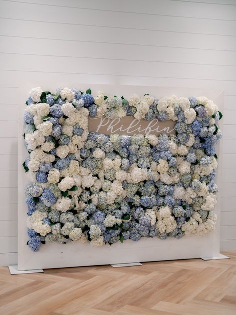 Hydrangea Flower Wall, Hydrangea Wedding Backdrop, Blue And White Flower Wall, Pop Of Color Wedding Decor, Hydrangea Bridal Shower Ideas, Hydrangea Backdrop, Blue Floral Backdrop, Wedding Floral Backdrop, Flower Photo Wall