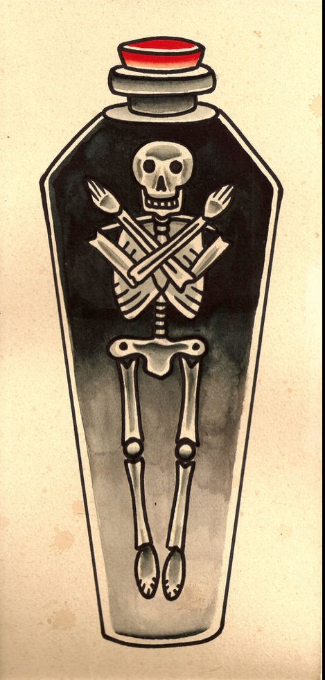 Skeleton in coffin tattoo Coffin Tattoo, Framed Tattoo, American Tattoos, Sleeve Ideas, Traditional Tattoo Art, Traditional Tattoo Flash, Tattoo Flash Art, American Traditional Tattoo, A Skull