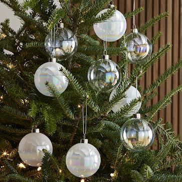 Pearl White & Iridecent Glass Boxed Ornaments (Set of 9) | West Elm Minimal Christmas Ornaments, Christmas 2033, Modern Christmas Ornaments, Green Xmas, Felt Tree, Modern Christmas Decor, Glass Ball Ornaments, Felt Ball Garland, Rose Gold Accents