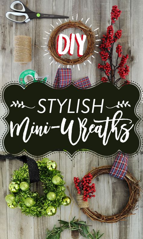 Decorated even the smallest of spaces for the holidays with mini wreaths. Mini Grapevine Wreath Ideas Christmas Ornament, Mini Grapevine Wreath Ideas, Mini Wreaths Diy, Mini Wreaths Diy Christmas, Mini Wreath Ideas, Mini Wreath Diy, Mini Christmas Wreaths, Mini Wreaths Christmas, Straw Wreath