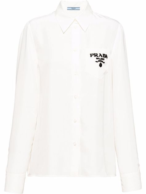 White cotton embroidered-logo long-sleeve shirt from PRADA featuring embroidered logo at the chest, two-tone design, classic collar, front button fastening and long sleeves. Embroidered Shirts, Button Shirts, Designer Shirts, Shirts For Women, Button Shirt, Embroidered Shirt, White Cotton, Two Tone, Sleeve Shirt