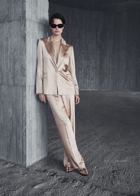 Clothing for Woman 2023 | Mango Netherlands Satin Suit Women, Satin Suit, Prom Outfit, Satin Formal Dress, Outfit 2023, Satin Trousers, Short Design, Satin Blazer, Prom Outfits