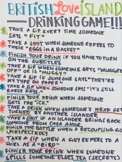 sip, shot or finish your drink when the islanders are being EXTRA British Love Island Drinking Game, Love Island Challenges, Love Island Party Games, Love Island Themed Party, Friends Drinking Game, Love Island Party, Drinking Challenges, Drink Games, Island Birthday