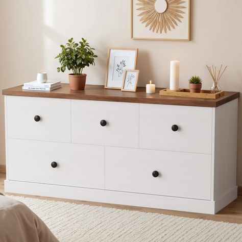 PRICES MAY VARY. Durable Materials : Crafted from high-quality wood, this dresser is designed for lasting durability. This dresser with sturdy frame could support up to 180lbs on the top and 40lbs for each drawer.The premium construction ensures that it withstands daily use while maintaining its beauty, making it an ideal long-term investment for your home. Spacious Storage Solution : Our Wood Dresser for Bedroom features five large drawers, providing ample storage space. Unlike the traditional Dresser With Tv Decor, Dresser Tv Stand Bedroom, Tv Stand Decor Bedroom, Dresser For Room, Long Bedroom Dresser, White And Wood Dresser, Long Low Dresser, Kids Bedroom Dresser, Slim Dresser