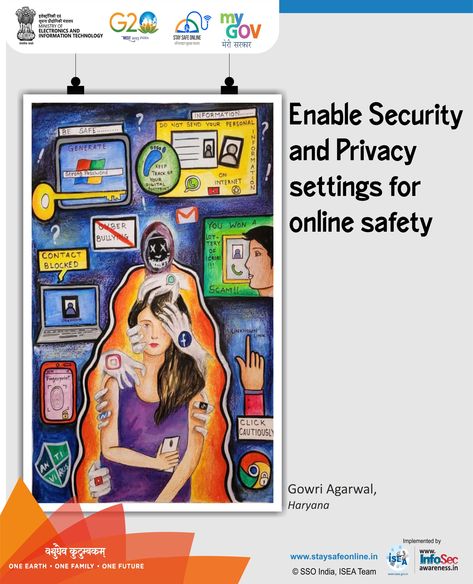 #Paintingoftheday Enable Security and Privacy settings for online safety #cybersecurity #securitytips #cyberawareness #MeitY #MyGov #NIC #CertIn Poster About Online Safety And Security, Right To Privacy Poster, Stay Safe Online Drawing, Online Security Poster, Digital Safety Poster, Safety And Security Poster, Cybersecurity Drawing, Cybersecurity Awareness Posters, Online Safety Poster