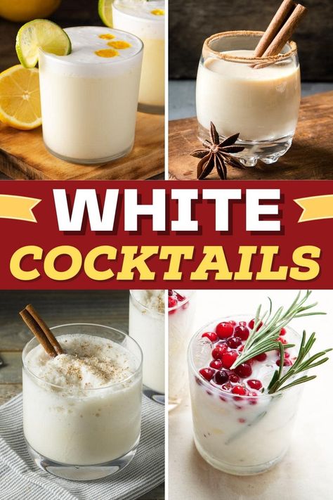 In a world full of colorful drinks, these white cocktails will fit any occasion. And from coconut and white chocolate to banana, they're beyond delish! White Winter Cocktails, White Drinks Alcohol, Black And White Drinks Cocktails, White Mixed Drinks, White Tequila Cocktails, White Chocolate Cocktails, Red And White Cocktails, Coconut Milk Drinks Alcohol, White Christmas Cocktail Recipe