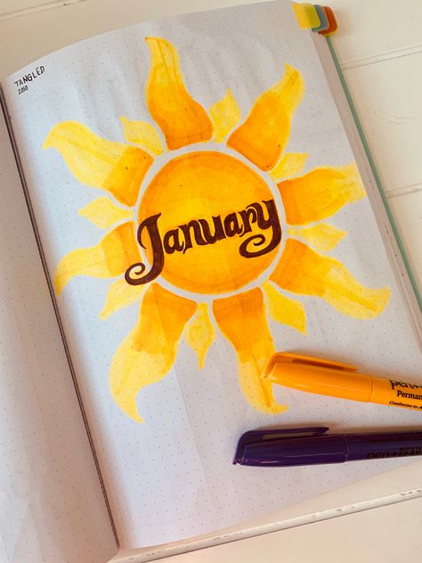 Tangled Journal Ideas, Disney Bujo Theme, Disney Journal Ideas, Bullet Journal January Cover Page, Journal January Cover, Bullet Journal January Cover, Disney Bujo, Disney Bullet Journal, January Cover Page