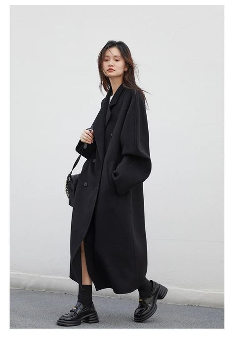 Add a touch of sophistication to your wardrobe this season with our Classic Charm Loose Fit Woolen Overcoat. Made with a blend of premium sheep wool and polyester, this coat offers both comfort and style. Featuring a casual wide-waisted design, regular sleeves, and a turn-down collar, it's perfect for any occasion. The single-breasted closure, button decoration, and solid pattern further elevate its timeless elegance. Keep warm and stylish with this must-have coat. Designed by Thekittenpark Full Length Coat Outfit, Elevate Casual Outfit, Vintage Wool Coat Outfit, Oversize Wool Coat Women, Black Coat Outfits For Women, Classic Autumn Outfits, Overcoat Outfit Women, Long Wool Coat Outfit, Maxi Coat Outfit