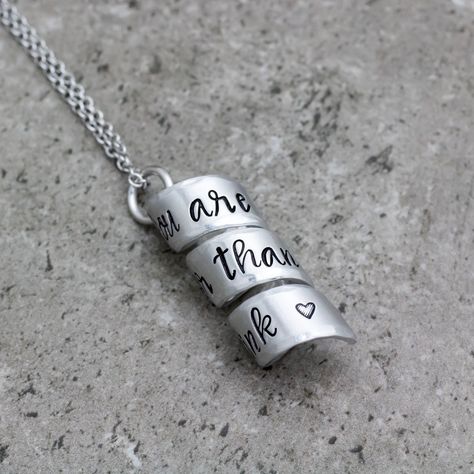 #HiddenMessage #Necklace #ScrollNecklace #InspirationalNecklace #YouAreStrongerThanYouThink #YouAreStrong #Jewelry #StrongWoman #LeahKathrynJewelry Metal Stamped Jewelry Diy, Metal Stamped Necklace, Metal Stamping Kit, Metal Stamping Diy, You Are Stronger, Message Necklace, Stamped Necklaces, Metal Stamped Jewelry, Stronger Than You Think