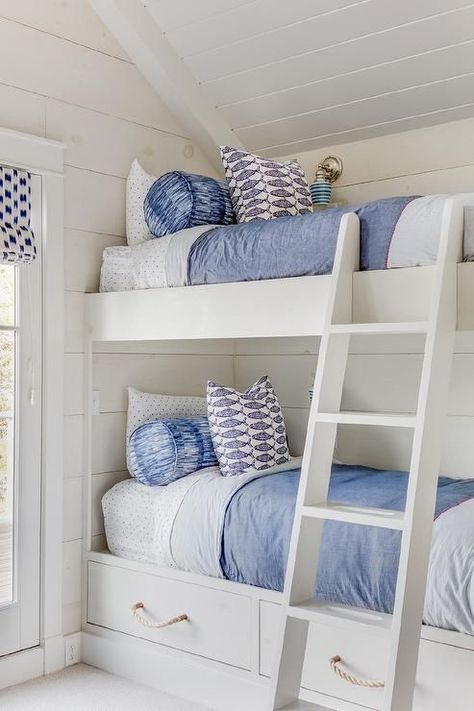 Coastal bedroom with bunk beds and fun fushy patterned pillows Bunk Bed Rooms, Triple Bunk Beds, Modern Bunk Beds, White Bunk Beds, Bunk Beds Built In, Built In Bunks, Bunk Rooms, Bunk Beds With Stairs, Bunk Bed Designs