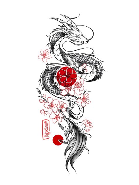 Red Dragon Tattoo, Sakura Tattoo, Dragon Tattoo Art, Chinese Dragon Tattoos, Cute Tats, Dragon Tattoo For Women, Dragon Tattoo Designs, Classy Tattoos, Tattoo Project