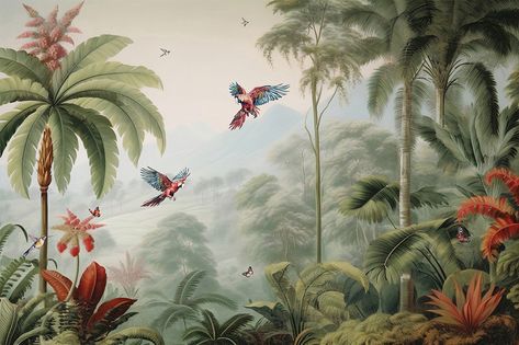 wallpaper jungle and leaves tropical forest mural parrot and birds butterflies old drawing vintage background Rainforest Wallpaper, Birds In Jungle, Jungle Birds Illustration, Tropical Background Illustration, Vintage Jungle Mural Wallpaper, Jungle Drawing, Wallpaper Jungle Tropical Prints, Parrot Wallpaper, Jungle Wallpaper Tropical Prints Monkey