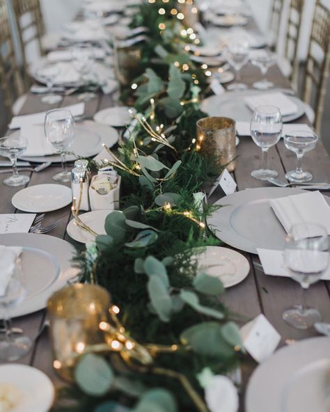 Emily Elizabeth on Instagram: “This center piece. Those twinkle lights. Ahhh 😍😍😍 • • • • • • • Second shot with @kathryngracephotography” Fall Garland Centerpieces For Table, Wedding Table Garland With Fairy Lights, Wedding Table Decor Fairy Lights, Centerpieces Wedding Lights, Twinkle Lights Table Decor, Eucalyptus Fairy Lights Centerpiece, Fairy Lights Wedding Table Decor, Twinkle Lights Wedding Centerpiece, Flameless Wedding Centerpieces