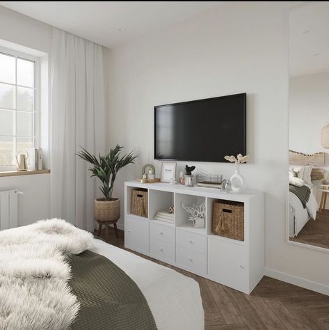 Minimalist Dresser Decor With Tv, Renter Living Room Ideas, Room Dresser Decor Ideas Aesthetic, Small Bedroom Tv Stand Ideas, Entertainment Center Apartment, Tv Set Up In Bedroom, Bedroom Ideas Tv Area, White Room White Furniture, Ikea Cabinets Bedroom