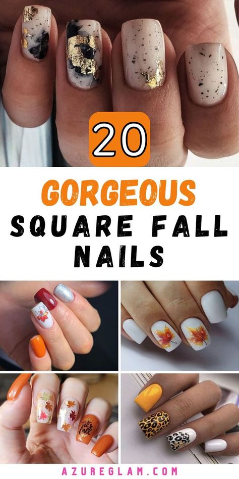 Short Nail Designs Autumn 2024, Square October Nails, French Tip Fall Nail Designs Square, Medium Length Square Nails Acrylic Fall Designs, Short Squoval Nails Design Fall, Short Square Fall Nail Designs, Fall Square Acrylic Nails Medium, Fall French Tips Square, Fall Square Nail Designs