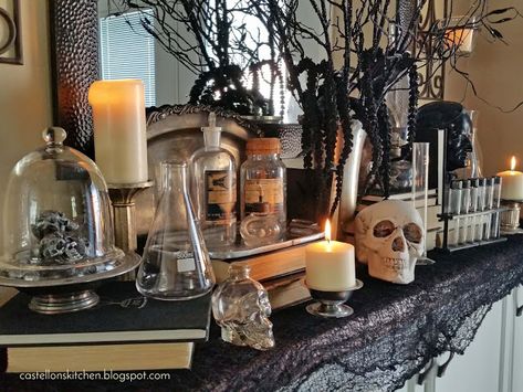 Halloween Hutch Decor, Potion Bar, Halloween Interior, Kitchen Halloween, Halloween Vignette, Chic Halloween Decor, Halloween Decorating Ideas, Scary Halloween Decorations Diy, Halloween Apothecary