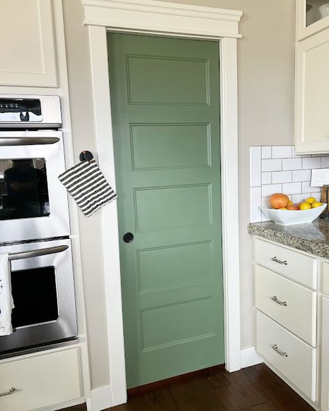 Green Interior Doors With White Trim, Green Pantry Door, Green Interior Doors, Utah Parade Of Homes, Green Pantry, Best Green Paint Colors, Laundry Remodel, Magnolia Green, Homemade Rugs