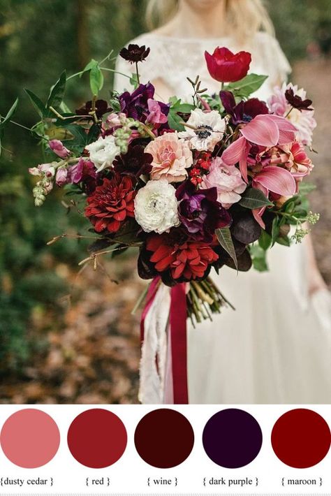 Dark purple and shades of red autumn wedding bouquet | fabmood.com #wedding #bouquet #weddingbouquet Red Purple Wedding, Autumn Wedding Bouquet, Red Wedding Theme, Red Bouquet Wedding, Purple Wedding Bouquets, Red Autumn, Red Wedding Flowers, Maroon Wedding, Purple Wedding Flowers