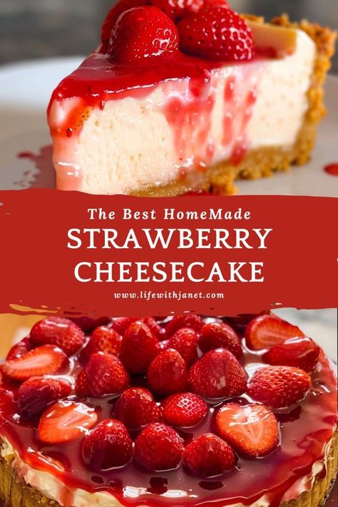 Indulge in the creamy richness of this luscious Strawberry Cheesecake! With a buttery graham cracker crust and a velvety smooth filling topped with fresh strawberries, it's a dessert dream come true. #Cheesecake #StrawberryDesserts #DessertRecipes #SweetTreats #Homemade #DessertLovers Creamy Strawberry Cheesecake, Strawberry Cake Design, Cheesecakes Recipes, Healthy Chocolate Fudge, Cheesecake Recipes Easy Homemade, Strawberry Cake Mix Cookies, Strawberry Cake Pops, Strawberry Crunch Cake, Easy Strawberry Cheesecake