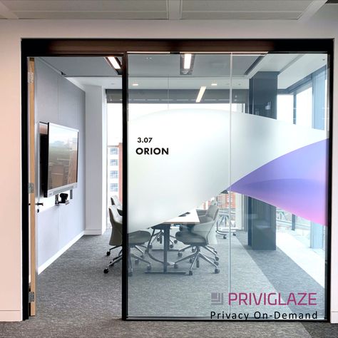 Retrofit Switchable Smart Film on existing glass that incorporates your branding graphics. This was installed for our client's meeting room at Finastra London. Glass Sticker Design, Internal Branding, Glass Film Design, Decorate Office, Glass Wall Office, Glass Partition Designs, Glass Wall Design, Window Film Designs, Glass Signage